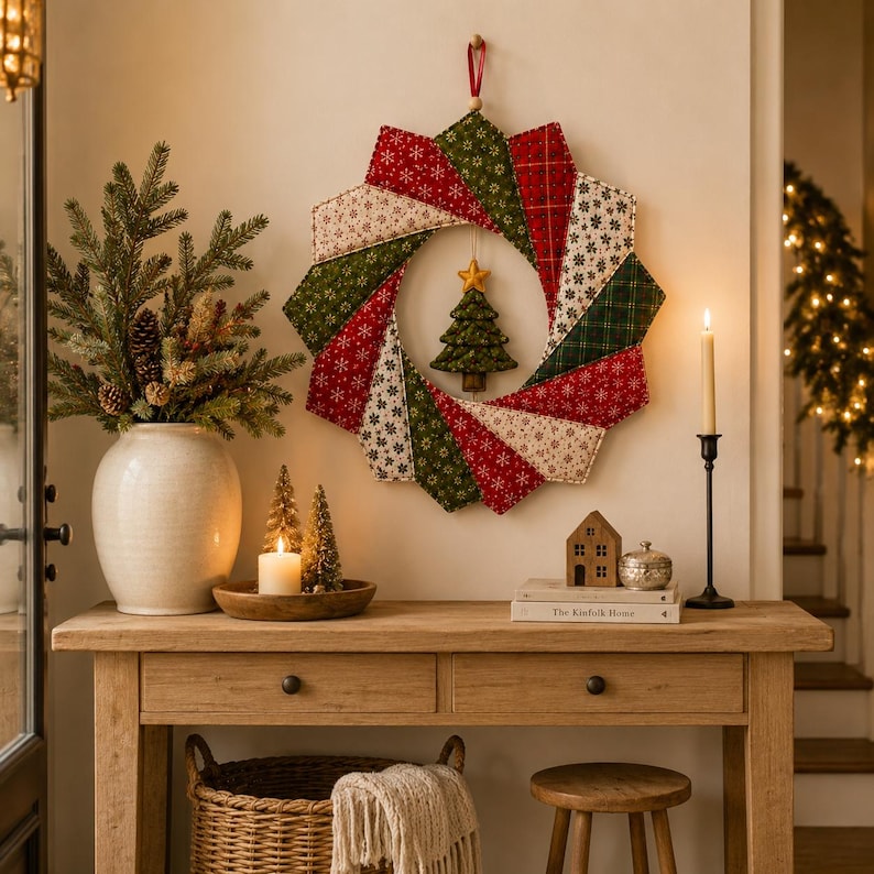 May include: A circular fabric wreath featuring a patchwork design of red, green, and cream-colored segments with snowflake and plaid patterns. A small, three-dimensional green fabric Christmas tree with a yellow star hangs in the center.