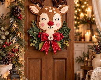 May include: A felt reindeer wall hanging featuring a brown face with cream accents, a red nose, and closed eyes. The reindeer is adorned with green felt holly leaves, red berries, and a large red bow with a small white flower center, suspended by twine.