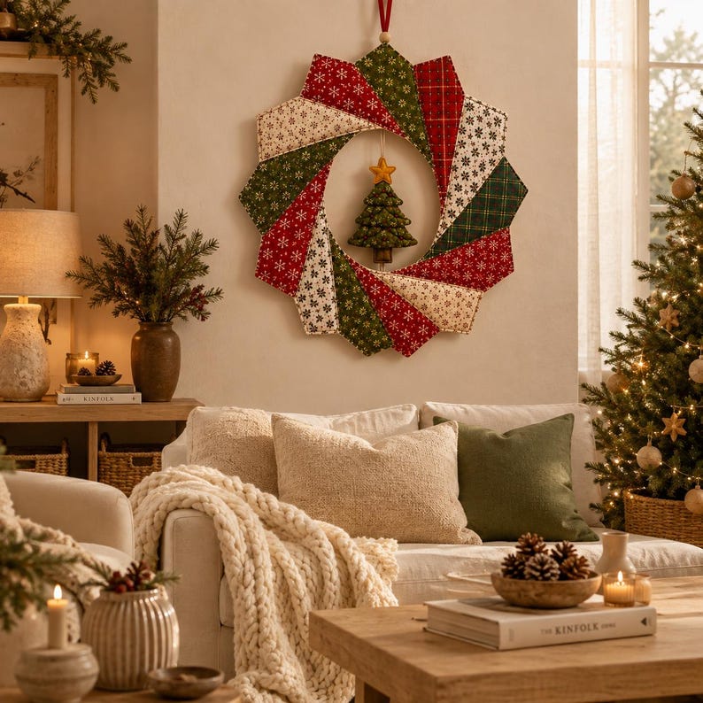 May include: A circular fabric wreath featuring a star-patterned design in red, green, and cream colors. The wreath is constructed from folded fabric segments and includes a small, stuffed fabric Christmas tree ornament hanging in the center.