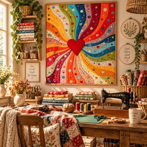 Op de afbeelding: Een vierkante wandquilt met een levendig regenboogkleurig zonnestraalpatroon dat uitstraalt vanuit een centraal rood hart. De quilt hangt in een hobbykamer met een vintage zwarte Singer-naaimachine, stapels bloemenstof en borduurringen.