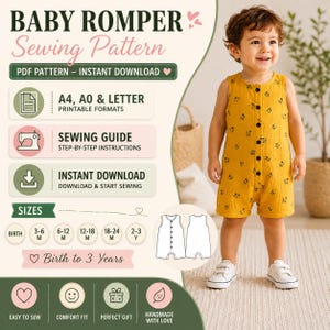 May include: A digital sewing pattern for a baby romper, featuring a mustard yellow sleeveless romper with a small black floral print and front buttons. The graphic includes text for A4, A0, and letter formats, a sewing guide, and size ranges from birth to 3 years.