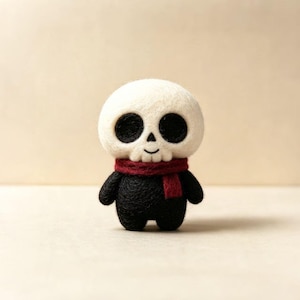 Pode incluir: Uma figura de caveira em lã feltrada com uma cabeça branca redonda, grandes órbitas oculares pretas e uma pequena boca costurada. O personagem tem um corpo preto e usa um cachecol vermelho escuro enrolado no pescoço, com um visual compacto e texturizado.