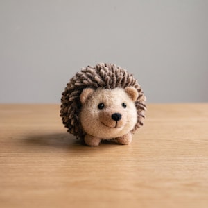 May include: A needle-felted hedgehog figurine crafted from soft wool fibers. The creature features a round body covered in textured, dark brown, spiky-looking yarn loops, a light beige face, two small ears, black bead eyes, and a black nose.