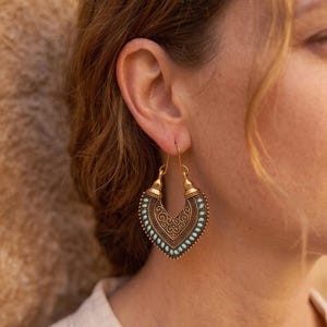 Vintage Style Heart Hoop Earrings, Antique Gold Boho Statement Earrings, Color Thread Ethnic Jewelry, Gift for Her