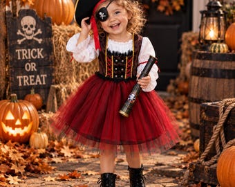 Kids Pirate Costume Dress, Red and Black Halloween Outfit with Headscarf, Girls Pirate Party Costume