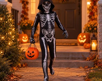 Skelettkostüm für Kinder, Kapuzen-Grusel-Body, schwarzes Halloween-Kostüm, Kinderkostüm für Süßes oder Saures