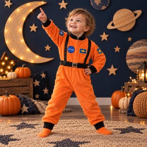 Op de afbeelding: Een feloranje jumpsuit met lange mouwen, zwarte boorden, een zwarte riem en blauwe patches op de borst en mouwen. De borstpatch toont het woord STAR in witte letters, terwijl andere patches ster- en planeetafbeeldingen bevatten.