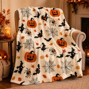 Halloween Blanket, Skull Witch Cobweb Bats Blanket Gifts Halloween, Fall Couch Bed Gift