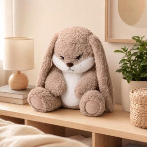 May include: A plush stuffed animal in the shape of a rabbit with long, floppy ears. The rabbit has light brown, textured fur, a white belly, and a white muzzle. It features a grumpy facial expression with narrow, dark eyes and a small, straight mouth.