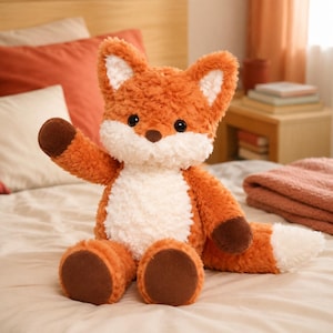 May include: A plush fox toy with textured orange fur, a white chest, and white inner ears. It features dark brown paws, a dark brown nose, and black eyes. The fox is in a seated position with one arm raised, and it has a long, bushy tail with a white tip.