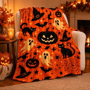 Puede incluir: Una manta de forro polar de color naranja brillante con un patrón repetitivo de Halloween que incluye gatos negros, calabazas, fantasmas blancos, sombreros de bruja, arañas, telarañas, murciélagos y pequeñas estrellas impresas en la tela.