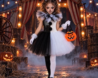 Girls Black and White Horror Clown Costume, Tutu Dress Set with Props, Kids Scary Halloween Outfit