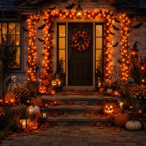 May include: A front porch decorated for Halloween with orange string lights, maple leaf garlands, and a wreath on a dark door. The scene includes multiple carved jack-o'-lanterns, white pumpkins, skeleton figures, and black bat silhouettes.