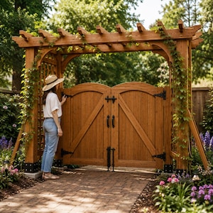May include: A wooden pergola featuring a double-arched gate with vertical planks, diagonal bracing, and black metal hardware. The structure is supported by four posts with black metal bases and is partially covered in climbing green vines.
