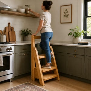 May include: A light brown wooden step stool with three tiers, featuring a sturdy frame and a flat top handle. The stool is constructed from natural wood with a visible grain, designed to provide elevation for reaching high kitchen shelves.