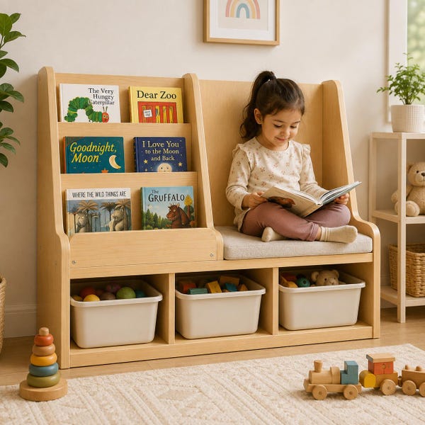 Montessori Front-Facing Bookshelf Plans, Toy Storage Bench, DIY Kids Furniture PDF