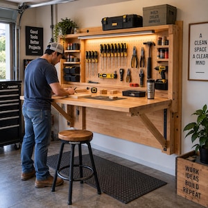 Può includere: Un banco da lavoro in legno a parete dotato di pannello forato con vari utensili manuali, luce LED integrata e ripiani laterali. La postazione di lavoro include una robusta superficie in legno, uno sgabello in metallo nero e scomparti organizzati.