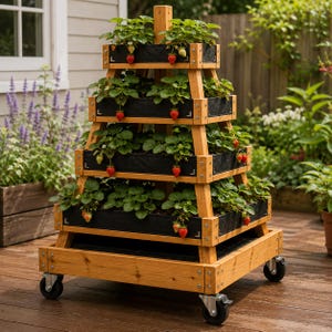 Puede incluir: Una jardinera de madera escalonada para fresas con cuatro niveles de contenedores de tela negra. La estructura está construida con tablones de madera de color marrón claro y montada sobre cuatro ruedas giratorias negras para movilidad.
