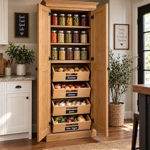 Puede incluir: Una alacena alta de madera con dos puertas abiertas, que cuenta con tres estantes superiores llenos de frascos de vidrio y cuatro cajones inferiores etiquetados como Potatoes, Onions, Garlic y Other Veggies, que contienen productos frescos.