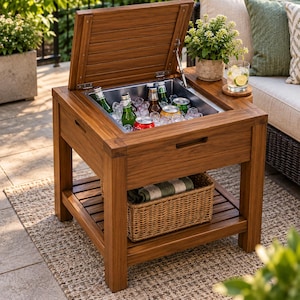 May include: A square wooden outdoor side table with a hinged lid that opens to reveal a built-in metal cooler filled with ice and various beverage bottles and cans. The table features a lower slatted shelf holding a woven basket with a striped cloth.