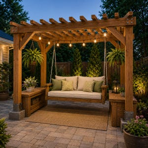 May include: A wooden pergola structure featuring a hanging porch swing with beige cushions and green throw pillows. The setup includes two side benches, hanging fern plants, and string lights suspended from the overhead wooden beams.