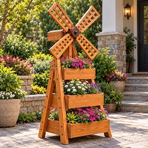May include: A wooden windmill-shaped planter stand featuring three stacked rectangular tiers for flowers. The structure has a natural brown wood finish with a lattice-style windmill blade assembly at the top and a sturdy A-frame base design.