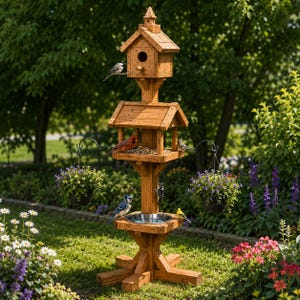 Puede incluir: Una estación de alimentación para aves de madera de varios niveles con una casita en la parte superior, una plataforma central con semillas y un nivel inferior con un cuenco de agua circular de metal y dos macetas colgantes.