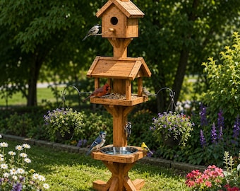 May include: A tall, multi-tiered wooden bird feeder and station featuring a top birdhouse, a central feeding platform with birdseed, and a lower level with a circular metal water basin. Two hanging flower baskets are attached to side arms.