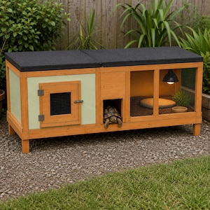 May include: A rectangular wooden tortoise enclosure featuring a light green side panel, a hinged black roof, and a wire mesh front. The structure includes a small enclosed sleeping area with a door and an open section with a heat lamp and a tortoise.