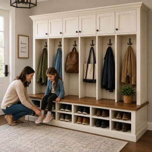 May include: A large white entryway storage unit with a dark wood bench top, featuring six upper cabinets, six open coat hanging sections with black double hooks, and twelve lower cubbies for shoe storage. The unit is built into a wall.