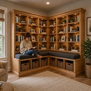 Può includere: Una grande libreria ad angolo a forma di L in legno chiaro con illuminazione integrata, molteplici ripiani aperti pieni di libri e piante decorative, e una panca integrata con cuscini grigio scuro e sei cesti portaoggetti in vimini.
