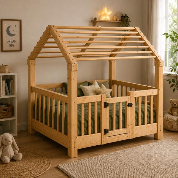 Twin XL Montessori House Bed Plans with Rails and Gate, DIY Floor Bed PDF