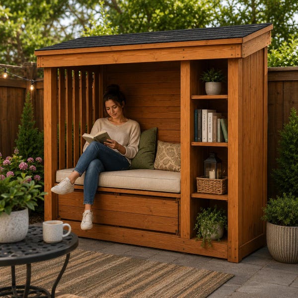 Outdoor Reading Nook Privacy Bench Plans with Built-In Bookshelf, DIY Woodworking PDF