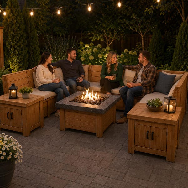 Modular Fire Pit Bench Plans with Tables and Storage, DIY Outdoor Seating Woodworking PDF