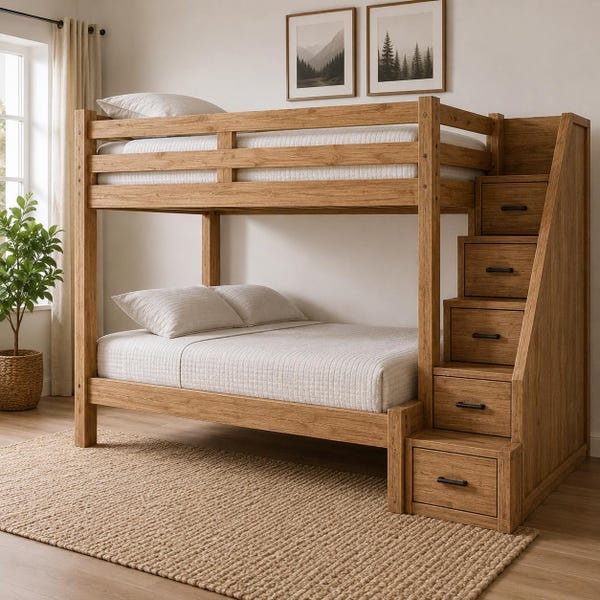 Twin XL Over Queen Bunk Bed Plans | Modern Storage Stairs (PDF Blueprint)