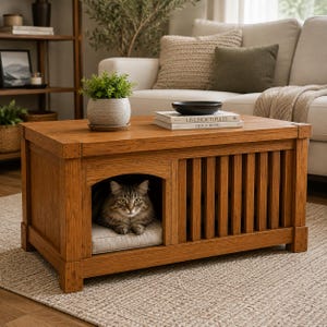 Puede incluir: Una mesa de centro rectangular de madera con un recinto integrado para mascotas, con frente de listones y una abertura arqueada. Un gato atigrado descansa sobre un cojín claro en el interior. La mesa sostiene una planta y dos libros.