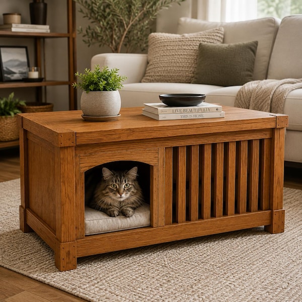 Modern Coffee Table with Pet Cave Plans, DIY Cat Furniture Woodworking PDF