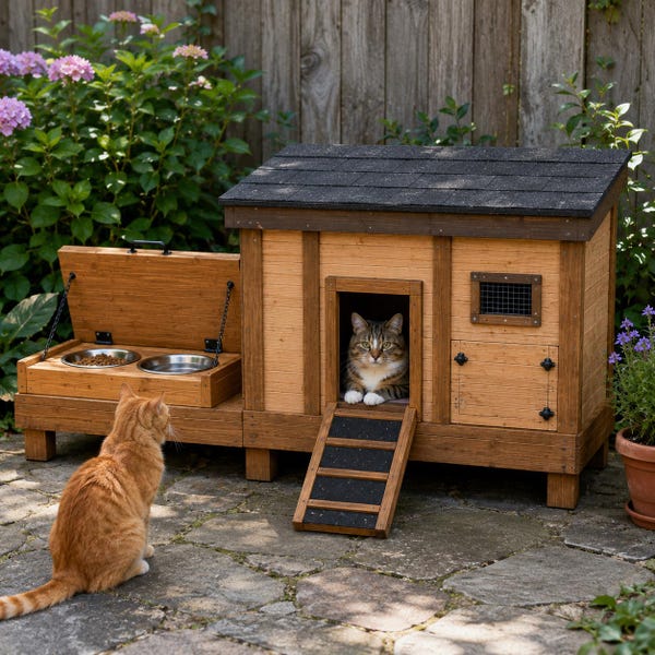 Outdoor Cat House with Feeding Station Plans, Feral Cat Shelter, DIY Woodworking PDF