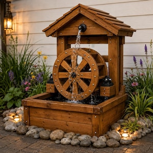May include: A wooden water fountain featuring a central rotating wheel and a gabled roof structure. Water flows from a spout at the top, cascading over the wheel into a rectangular basin. The fountain is surrounded by smooth grey stones.