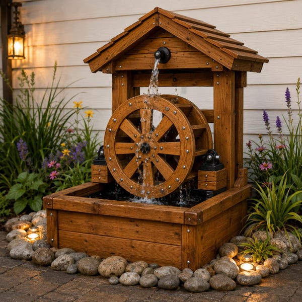 DIY Wooden Water Wheel Fountain Plans with Recirculating Pump, Garden Woodworking PDF