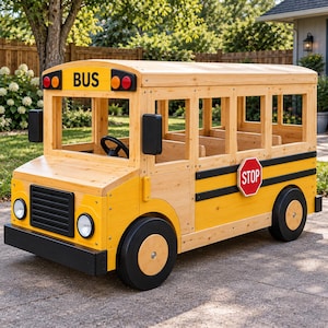 Op de afbeelding: Een grote houten speelstructuur in de vorm van een schoolbus, geel geschilderd met zwarte accenten. Het heeft een zwarte grille, ronde koplampen, een zwart stuurwiel, een rood stopbord aan de zijkant en een geel bord boven de voorruit met BUS.