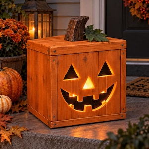 Può includere: Una scatola quadrata in legno a forma di zucca di Halloween con una calda finitura arancione, caratterizzata da un volto intagliato con occhi triangolari, naso triangolare e bocca frastagliata. Un gambo in legno marrone scuro e una foglia verde sono fissati sulla parte superiore.
