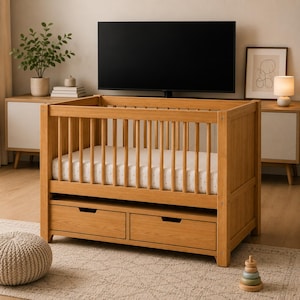 May include: A light brown wooden baby crib featuring vertical slats on all four sides, a white mattress with a subtle pattern, and two integrated storage drawers located at the base of the frame. The crib is constructed from natural wood.