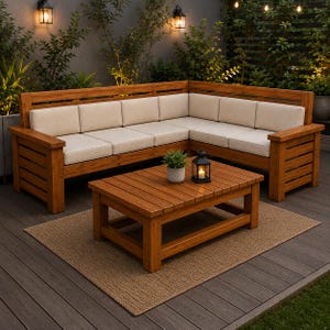 Puede incluir: Un sofá esquinero de exterior en forma de L hecho de madera marrón con cojines beige y una mesa de centro rectangular de madera a juego. El sofá presenta un diseño de listones en el respaldo y los laterales. Una pequeña planta verde y un farol negro están sobre la mesa.