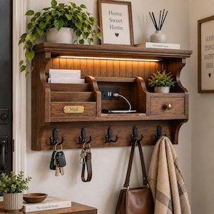 Entryway Shelf Woodworking Plans, Mail Organizer, Key Hooks, Phone Charging (PDF)