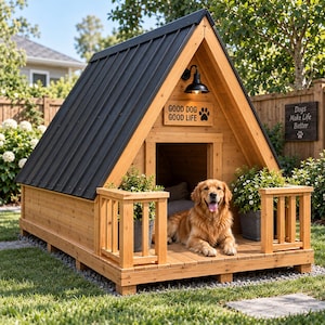Puede incluir: Una caseta de perro de madera en forma de A con techo de metal negro, un porche con barandillas y dos plantas en macetas. Un letrero sobre la entrada dice GOOD DOG GOOD LIFE con una huella. Un golden retriever descansa en el suelo del porche.