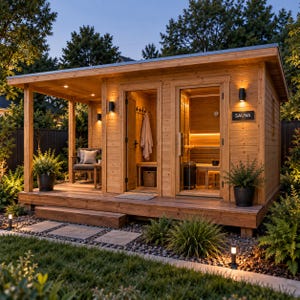 May include: A wooden outdoor sauna structure with a covered porch, featuring a glass-paned door labeled SAUNA, an adjacent open entryway with a bench and towel, exterior wall-mounted lighting, and a small seating area with a chair on the deck.