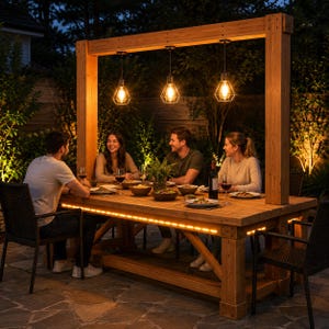 May include: A large rectangular wooden outdoor dining table with a built-in overhead frame supporting three hanging geometric pendant lights. The table features integrated LED strip lighting along the edge and is set with plates and wine glasses.