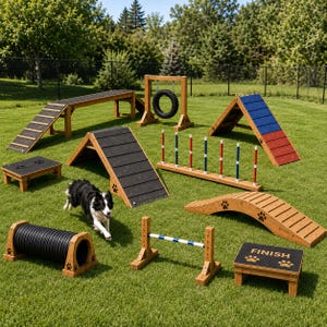 Puede incluir: Un conjunto de equipos de agilidad para perros de madera que incluye una rampa, un salto de neumático, un marco en A con paneles azules y rojos, un marco en A negro, postes de eslalon, un túnel, un puente curvo, una valla y dos plataformas.