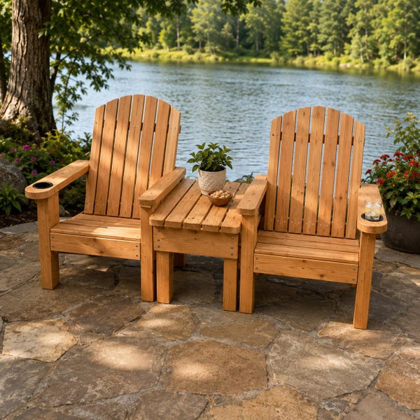 Double Adirondack Chair Plans with Center Table and Cup Holders, Outdoor Loveseat Woodworking PDF